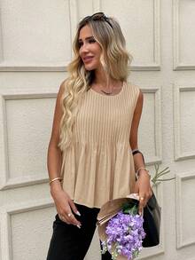 SHEIN LUNE 女士休闲褶皱无袖白色纯棉衬衫 纯棉上衣 夏季上衣 100%纯棉上衣 无袖纯棉上衣 女士纯棉衬衫 女士纯棉衬衫，休闲 - 卡其色 - 查看 4