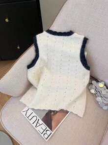 Resyla Damen Lässig Knopf Halb-Plakette gestrickter Pullunder, Herbst/Winter - Aprikosenfarben - Übersicht 2