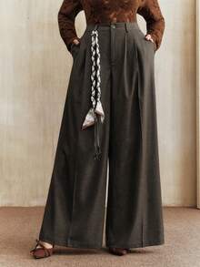 Anewsta بنطلون واسع الساق مزين بخرز أنيق وأنيق للنساء، بنطلون ماكسي عالي الخصر كوري جديد لخريف 2025 مع تنحيف وتدريج، مقاسات كبيرة - قهوة بني - مشاهدة 5