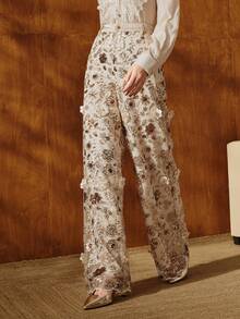 Anewsta Elegant Champagne Color Floral Mesh Straight Leg Pants, Glamorous Resort Wear For Women, Spring/Summer Outfits - Champagne - View 4