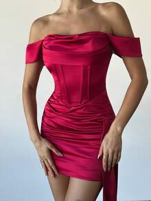 Firerie Women's Elegant Satin Off Shoulder Ruched Mini Dress,Burgundy Summer 70s Night Out Party,Vintage Pleated Draped Wedding Guest Dress,Y2K Outfit - Burgundy - View 13