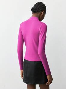 Maija 李子红修身高领长袖简约别致优雅女式衬衫，适合秋季穿着；紫色高领毛衣；罗纹高领紫色上衣；女士高领毛衣；圣诞毛衣；新年毛衣；秋季女式毛衣；新年粉色毛衣；女士社交衬衫；女士冬季毛衣 - 中紫紅色 - 查看 5