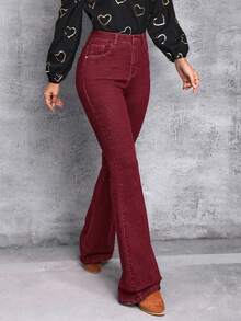 SHEIN Tall 女士高腰口袋喇叭休闲百搭牛仔裤 - 紅色 - 查看 3