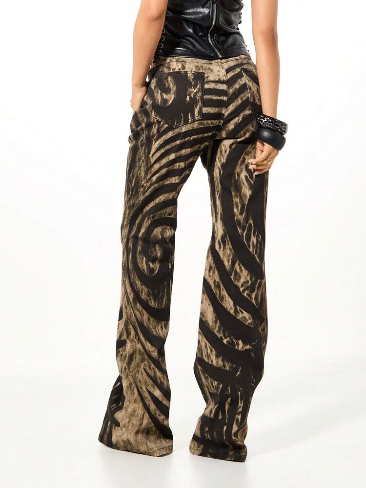 SUMWON Low Rise Printed Denim Flare Jeans With Abstract Zebra Pattern And Crossed Waistband Detail
