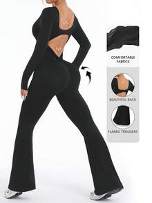 Easithlete 无缝高弹力背部 V 型提升运动连体裤，黑色长袖连体裤，黑色长袖连体裤 - 黑色 - 查看 3