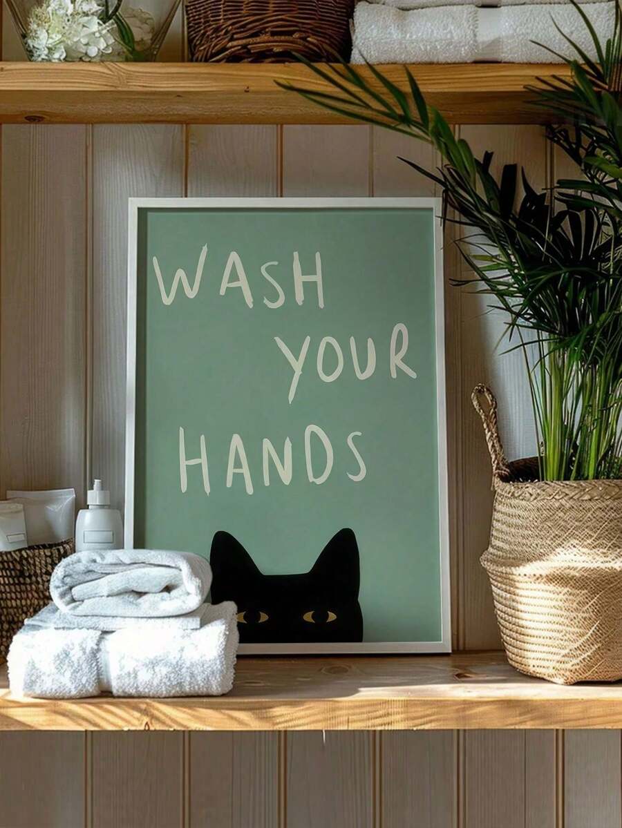 1PC"Fun Cat Art Print - "Please Wash Your Hands" Bathroom & Toilet Decoration, Frameless Canvas Wall Art For Home, Office, Cafe, Perfect Room Decoration - Multicolor - View 1