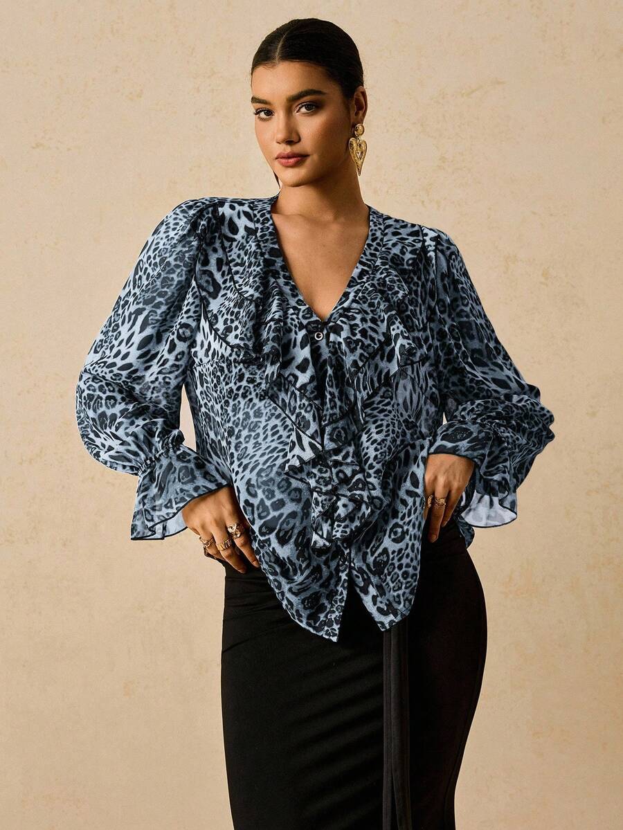 Travachic Plus Size Women Chiffon Floral Print Long Sleeve Blouse, Leopard Print Ruffle Hem Shirt - Blue - View 1