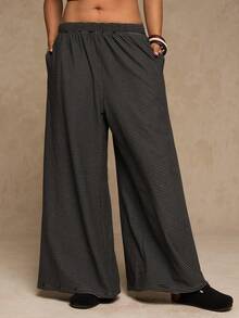 Freevana Plus Size Casual Soft Fleece Striped Wide Leg Pants, Versatile For Daily Wear - Black - View 3