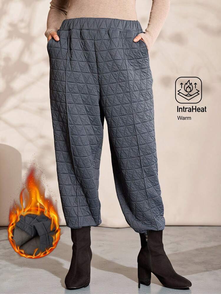 Plus Size Women Fall/Winter Country Casual Vacation Thick Warm Solid Color Dark Gray Pants With Pockets, Autumn/Winter,Going Out,2025 New,Simple And Fashionable For Everyday Wear, Winter, Christmas,New Year,Winter,Thanksgiving,Quilted Pants