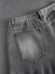 ROMWE MEN Street Life Jeans de mezclilla casuales y versátiles con bolsillos y ajuste holgado lavado para hombres - Negro - Ver 5
