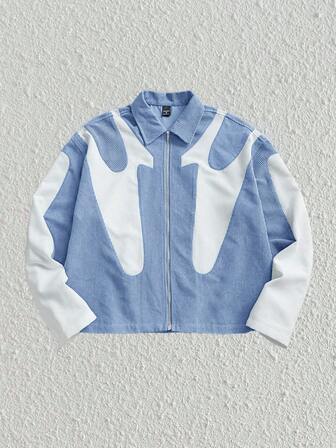 Manfinity Unisex Men's Fashionable Casual Loose-Fit Daily Wear Patchwork Corduroy Long Sleeve Shirt, Fall/Winter, Couple Things