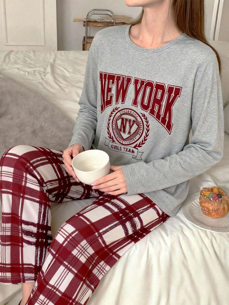 SHEIN 2 件套青少年女孩休闲格子图案 V 领半开领荷叶边长袖上衣和裤子柔软舒适睡衣套装 - 彩色 - 查看 1