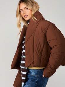 MISSGUIDED Cropped Puffer Jacket With Quilted Design Winter Outerwear Stand Collar Zip Closure - Coffee Brown - View 5