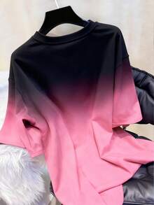 SHEIN 畅销渐变色常规版型女式加大码圆领T恤 - 玫紅色 - 查看 2