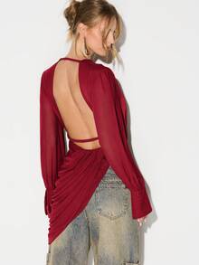 KIZN Deep V Neck Long Sleeve Wrap Style Blouse With Draped Front Detail - Burgundy - View 2