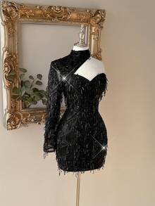 Lovelzi Elegant Black Sequin Tassel Fabric Long Sleeve Strapless Dress, Fashionable Dress For Wedding,Graduation Season,Cocktail Party&Vacation - Black - View 4