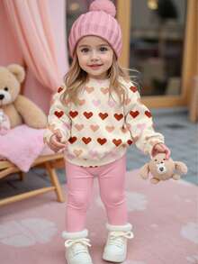 SHEIN 奶油杏仁色和莲藕粉色，仿针织彩色爱心图案，女婴休闲舒适柔软保暖圆领长袖卫衣和打底裤套装，适合秋冬季日常穿着、新年、情人节、外出、居家、节日、度假 - 彩色 - 查看 1