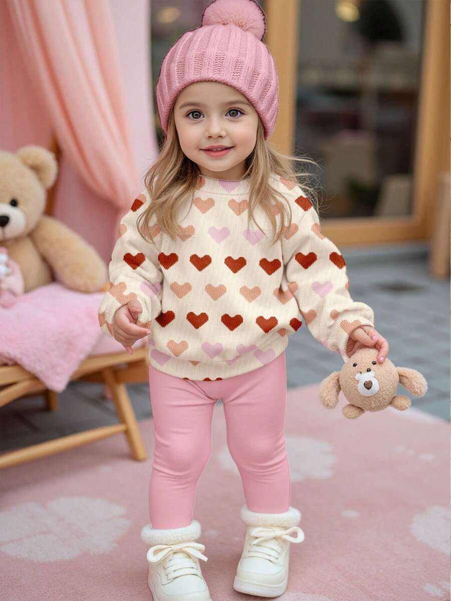 SHEIN 奶油杏仁色和莲藕粉色，仿针织彩色爱心图案，女婴休闲舒适柔软保暖圆领长袖卫衣和打底裤套装，适合秋冬季日常穿着、新年、情人节、外出、居家、节日、度假 - 彩色 - 查看 1