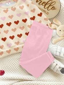 SHEIN 奶油杏仁色和莲藕粉色，仿针织彩色爱心图案，女婴休闲舒适柔软保暖圆领长袖卫衣和打底裤套装，适合秋冬季日常穿着、新年、情人节、外出、居家、节日、度假 - 彩色 - 查看 5