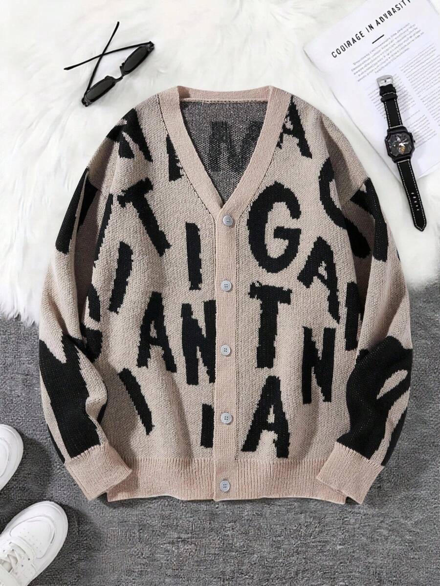 Men's Letter Pattern Long Sleeve Single-Breasted Casual Knit Cardigan, Autumn/Winter - Khaki - View 1