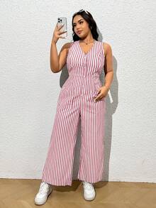 SHEIN EZwear 大码女式条纹纽扣V领口袋休闲连体裤 - 紅色 - 查看 5