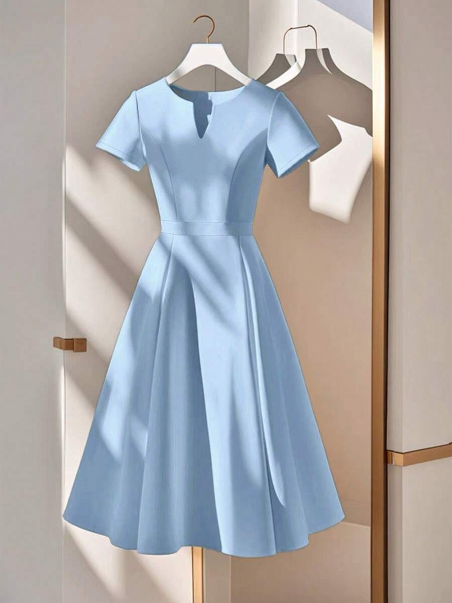 Franclia 女士优雅办公室纯色缺口领短袖中长连衣裙