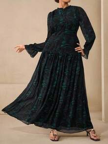 Modelyn 加大码绿色雪纺连衣裙，荷叶边领设计，时尚休闲装及派对礼服，秋季款 - 墨綠色 - 查看 5