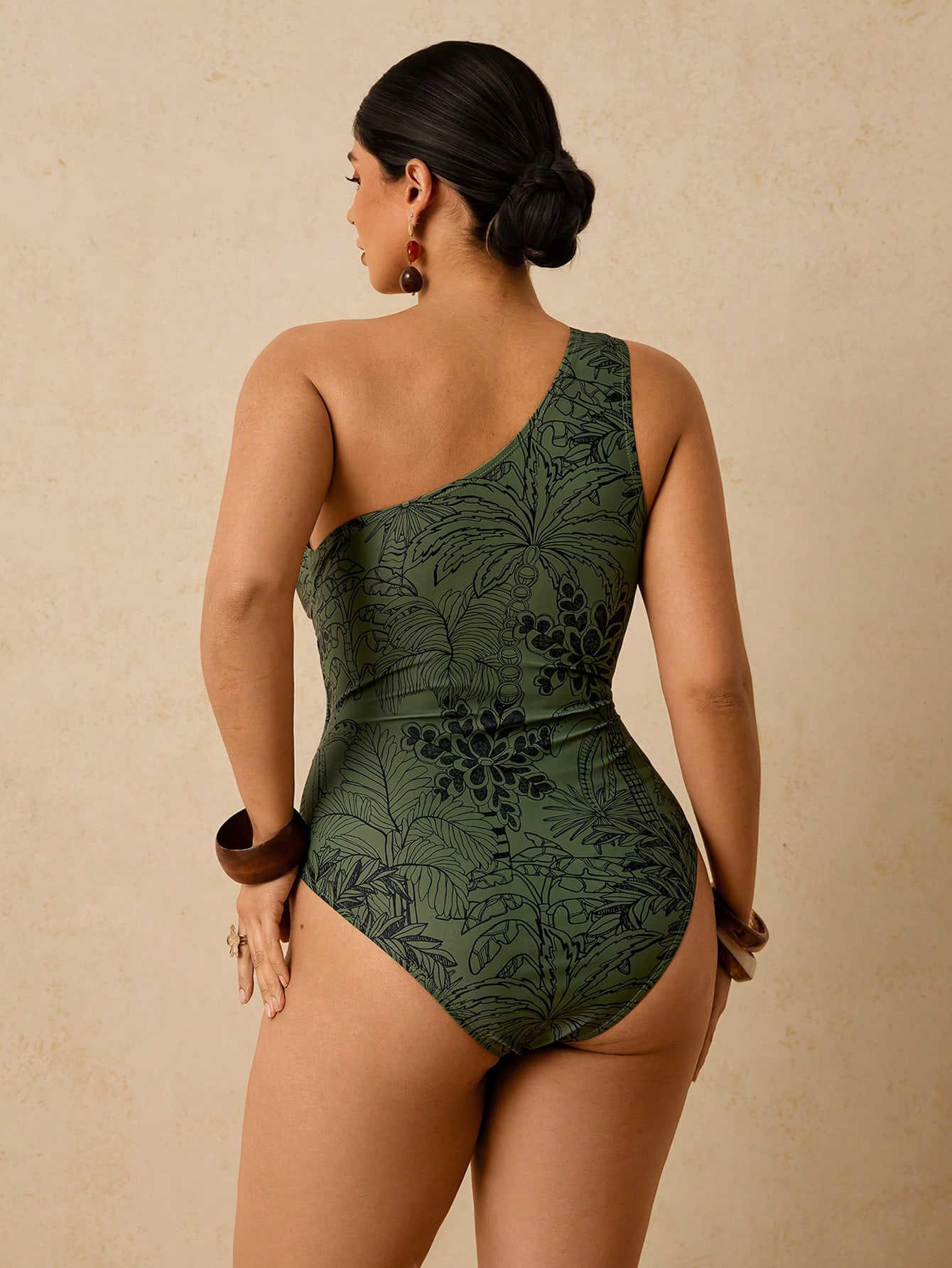 Travachic Maiô Estampado com Plantas Tropicais Verdes com Recorte e Amarração na Frente, Roupa Casual de Férias em Plus Size - Verde - Visão 3