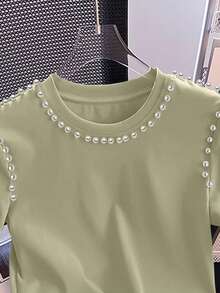 SHEIN 女式常规版型仿珍珠装饰圆领短袖 T 恤 - 卡其色 - 查看 3
