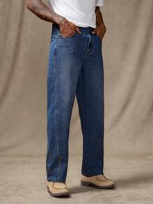 RivetRise Men's Embroidered Patchwork Wide Leg Jeans - Medium Wash - View 7
