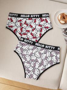 HELLO KITTY AND FRIENDS | SHEIN 女式全印花撞色滚边字母腰带舒适内裤 - 白色 - 查看 2