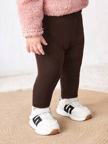 SHEIN Babygirl Elastic Waist Solid Color Knit Pants,Shades Of Brown,Winter,Casual,Work,Versatile All-Match Style For Outdoor,Sports,Play,Party,Photography - Coffee Brown - View 5