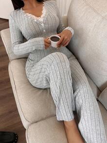 SHEIN Casual Comfortable Minimalist Lace Collar Knitted Ribbed Loungewear Set - Grey - View 7