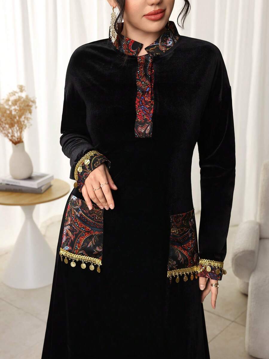 Al Najma 女士优雅佩斯利印花拼接阿拉伯风格连衣裙 - 黑色 - 查看 1
