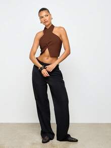 AiiRZ Drapey Halter Top With Cross Front Detail And Open Back For Casual Chic Style - Chocolate Brown - View 3