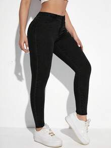 Jeanoix 大码纯色简约休闲修身黑色牛仔裤 - 黑色 - 查看 3