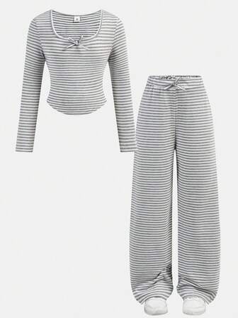 Tween Girls Casual Everyday Ribbed U-Neck Long Sleeve Knit Top With 3D Bow Accent And Matching Straight Leg Wide Pants 2 Pieces Stretchy Knit Striped Outfit, Comfortable Activewear Set Pants And Top Set 2 Piece Woman Set
