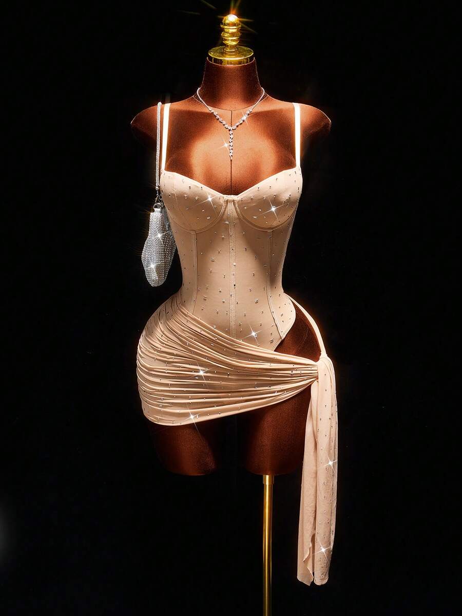 Amplova Váy suông màu nude bóng đính đá lấp lánh dành cho nữ, gợi cảm và sang trọng, thích hợp cho Giáng sinh, tiệc Halloween, mặc hàng ngày, hẹn hò, thu/đông - Nhiều màu - Xem 1