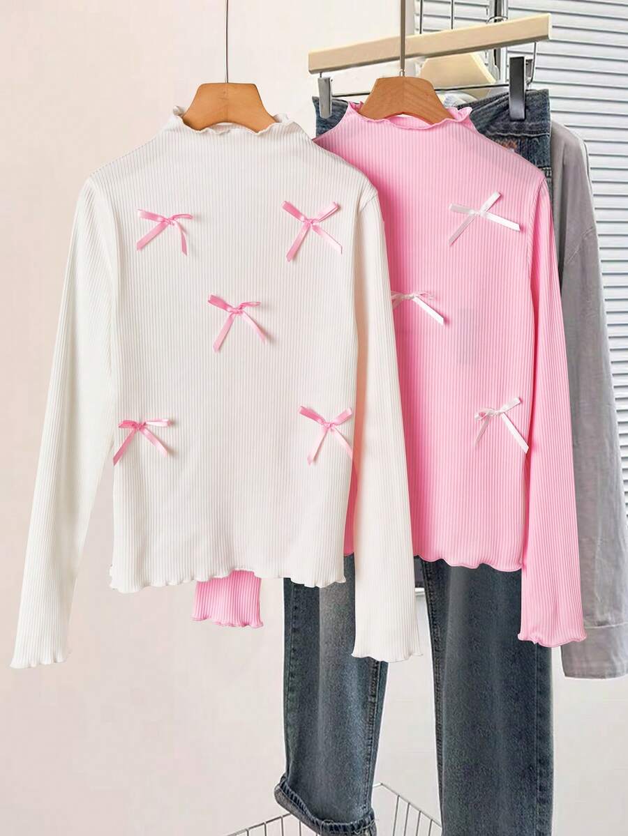 Girls' Ribbed Solid Color With Bow Decor2 Piecese Long Sleeve T-Shirt Set - Multicolor - View 1