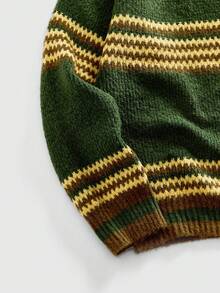 ROMWE MEN Prep 男士秋冬纽扣半开襟长袖休闲复古撞色条纹毛衣 - 彩色 - 查看 3