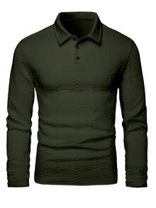 Manfinity Homme 男士提花面料纽扣门襟长袖 Polo 衫，春秋季，白色纽扣男士 Polo 衫，橄榄绿男士衬衫，男士 Polo 衫，男士休闲长袖衬衫，深绿色男士衬衫 - 軍綠色 - 查看 3