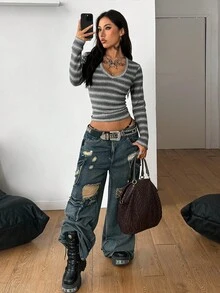 Coolane Women's Fall/Winter Minimalist Basic Daily Wear Essentials Festival Going Out Y2K Rib Knit Grey Bustier Tees - Grey - View 6