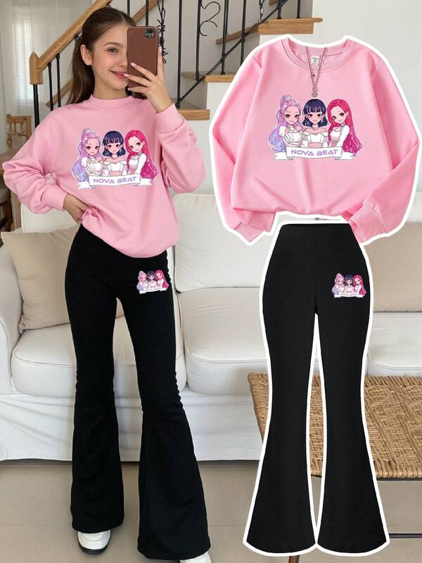 2pcs/Set Girls Casual K-Pop Cartoon Character Graphic Print Pink Sweatshirt And Black Leggings Set, Autumn/Winter Outfit, Ideal For K-Pop Fans And Everyday Wear Bell Bottoms Girl 2 Piece Set Bell Bottom Outfits Girls Girl Long Sleeves Outfits Girl 2 Piece Sets E Girl Clothes