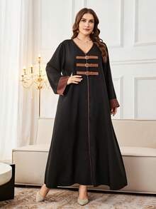 Al Najma Vestido árabe de manga larga, diseño modesto, talla grande, con parches en contraste y corte holgado - Negro - Ver 6