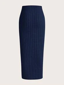 SHEIN Tall CURVE Chân váy bút chì dệt kim gân màu trơn cỡ lớn, đa năng và thời trang - Màu xanh hải quân - Xem 2