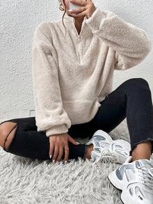 SHEIN EZwear 大码杏色毛绒立领半拉链卫衣，秋冬 - 杏色 - 查看 3