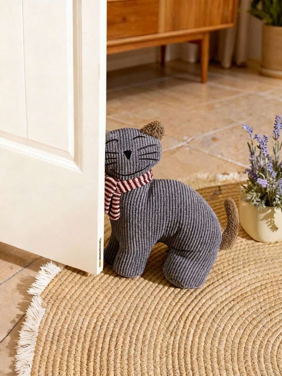 Cirelle Tope de puerta de peluche con gato durmiendo y gato sorprendido con bufanda, en gris y marrón, mantiene la puerta abierta, opción de regalo y decoración del hogar - Gato asustado - Ver 1