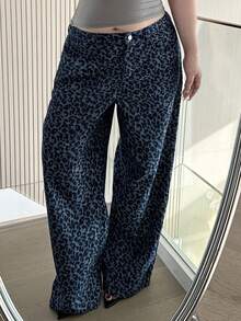 Dazy Plus Quần jean ống đứng dáng rộng in họa tiết da báo cỡ lớn có cạp chun, phong cách đường phố, phù hợp với mọi mùa - Màu xanh hải quân - Xem 4