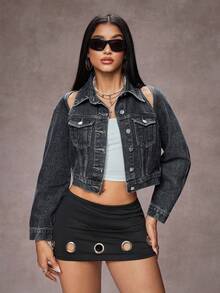 Jeanoix 女士镂空二合一长袖单排扣休闲牛仔外套 - 黑色 - 查看 4