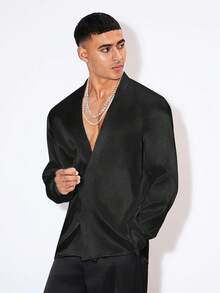 HIMLAND Áo sơ mi nam cổ lệch, chất liệu taffeta dệt kim, thích hợp cho các lễ hội, đám cưới, tiệc tùng, lễ hội âm nhạc, áo sơ mi lụa satin ban đêm. - màu đen - Xem 5